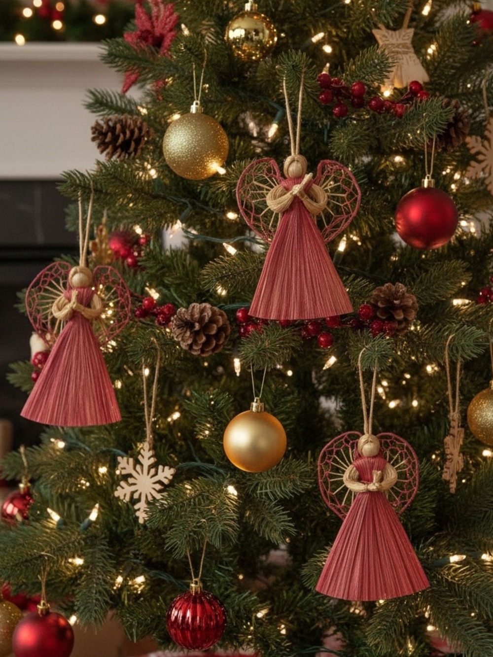 Vintage Raffia Straw Angel Ornaments Set of 3 Red & Natural  Farmhouse Christmas